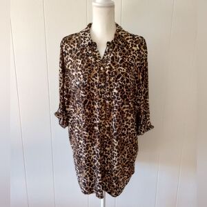 Emily Daniels 2X Button Front Shirt Leopard Cheetah Print Tan Brown Black Glam